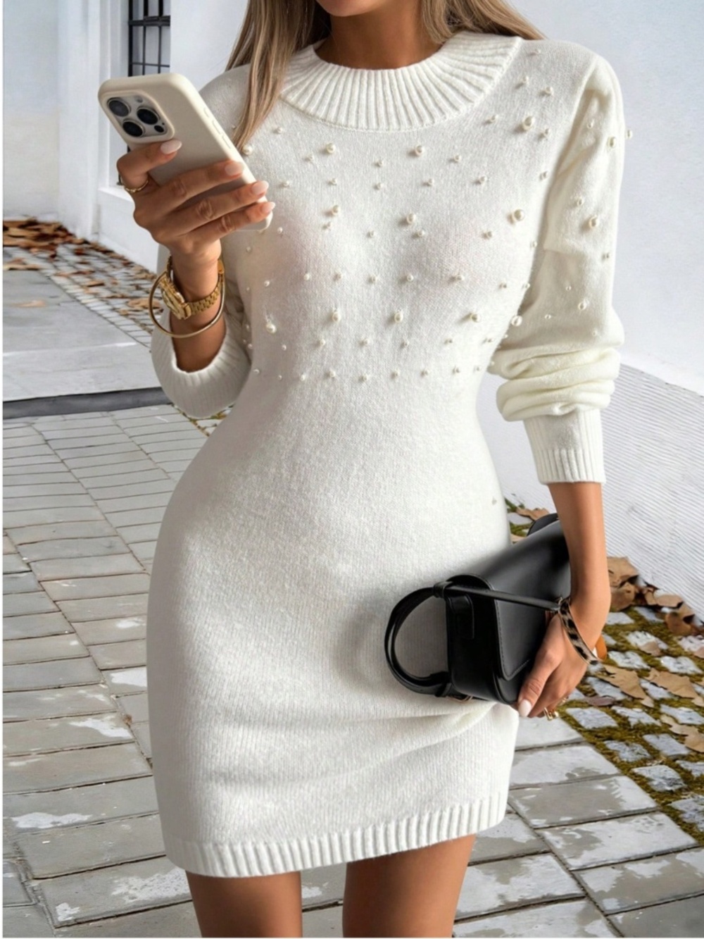 White Sweater Short Mini Dress Faux Pearl Embellished Long Sleeve - Picture 2 of 11